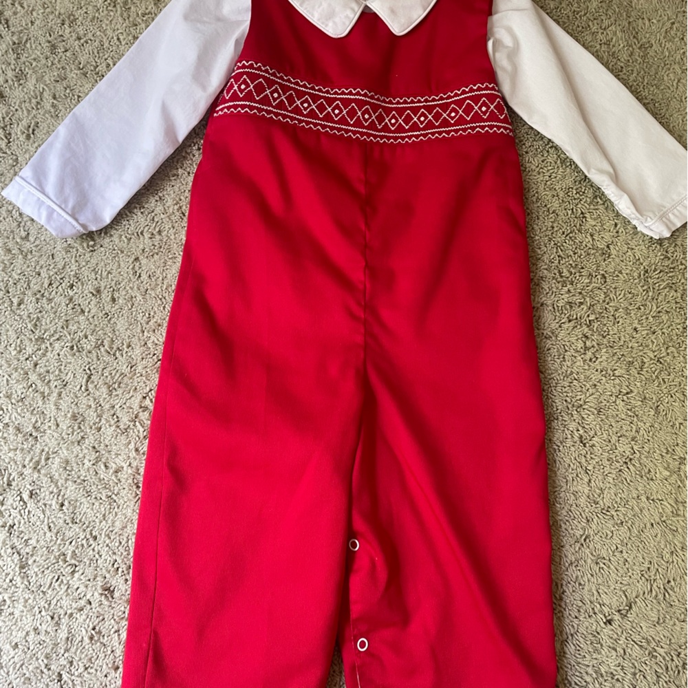 Boys 2T Christmas smock long Jon, white Peter Pan collar shirt included
